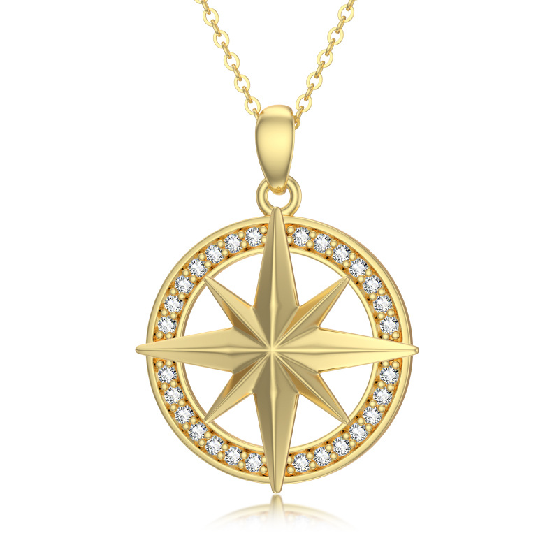 14K Gold Circular Shaped Cubic Zirconia Compass Pendant Necklace