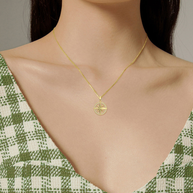 Collana con ciondolo a bussola in oro 14K a forma di cerchio con zircone cubico-2