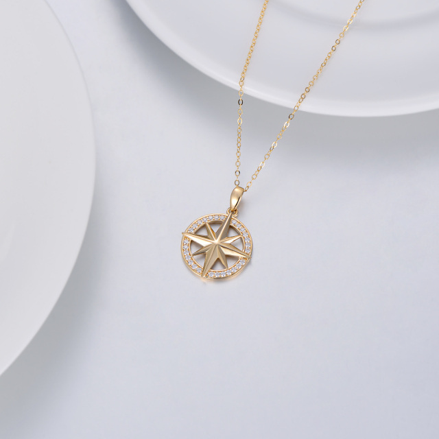 14K Gold Circular Shaped Cubic Zirconia Compass Pendant Necklace-3