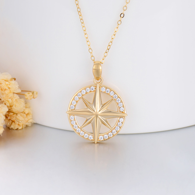 14K Gold Circular Shaped Cubic Zirconia Compass Pendant Necklace-4