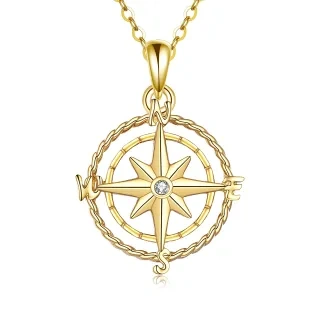 10K Gold Circular Shaped Cubic Zirconia Compass Pendant Necklace-49