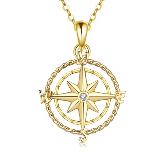 10K Gold Circular Shaped Cubic Zirconia Compass Pendant Necklace