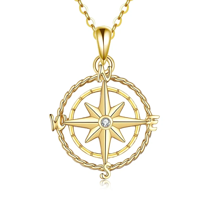 14K Gold Circular Shaped Cubic Zirconia Compass Pendant Necklace