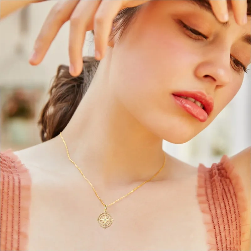 14K Gold Circular Shaped Cubic Zirconia Compass Pendant Necklace-2