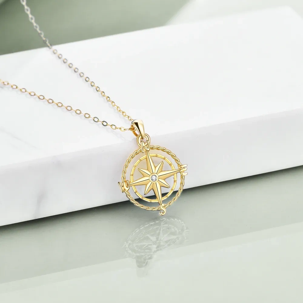 Colar com pingente de bússola com zircónias cúbicas em ouro de 14 quilates-3