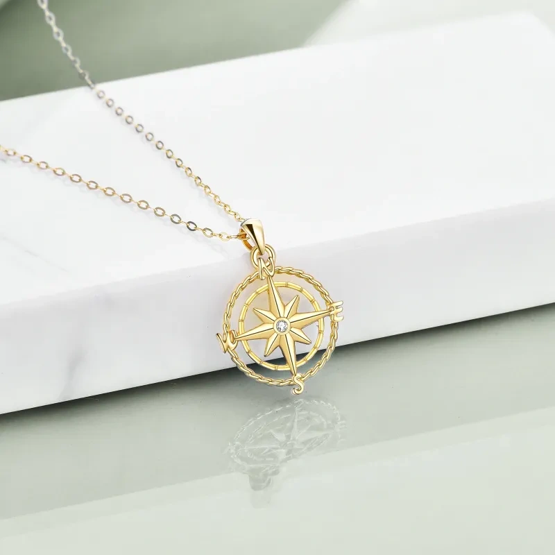 14K Gold Circular Shaped Cubic Zirconia Compass Pendant Necklace-3