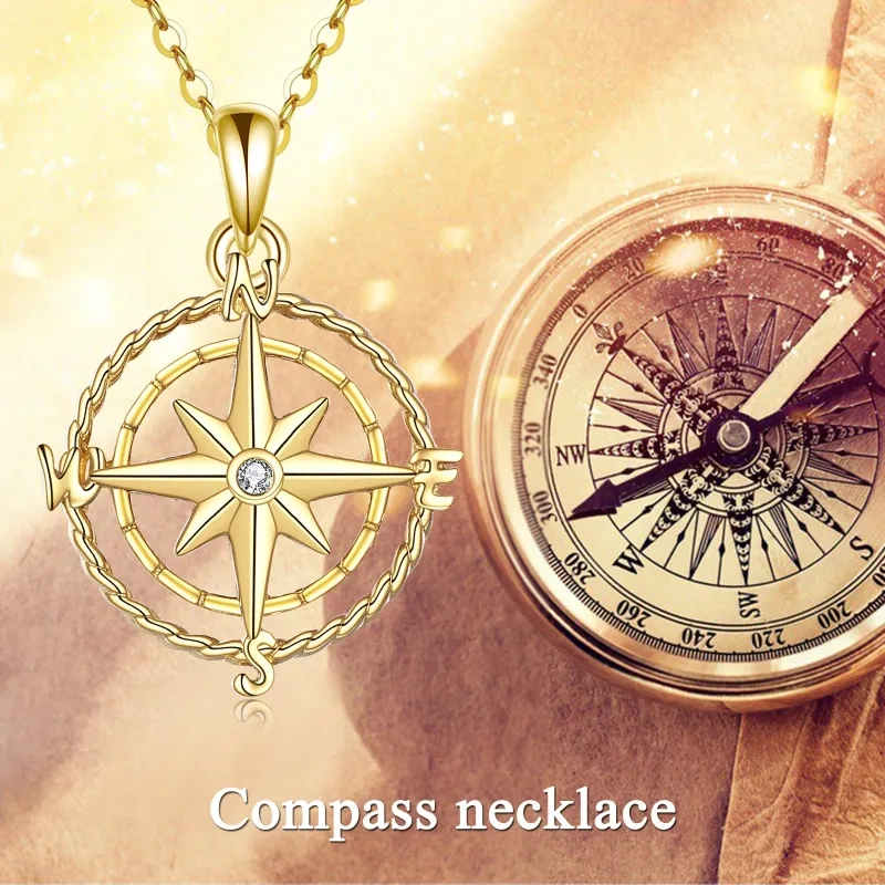 14K Gold Circular Shaped Cubic Zirconia Compass Pendant Necklace-4