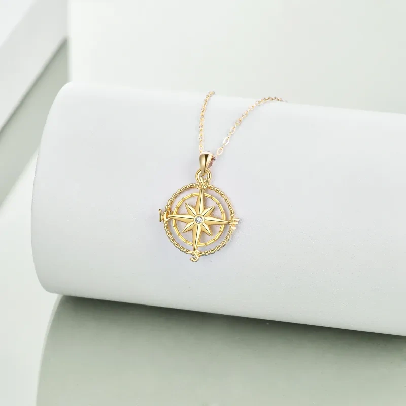 14K Gold Circular Shaped Cubic Zirconia Compass Pendant Necklace-5