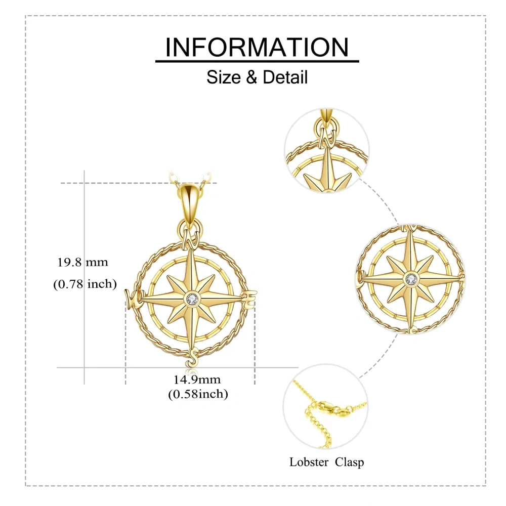 Colar com pingente de bússola com zircónias cúbicas em ouro de 14 quilates-6