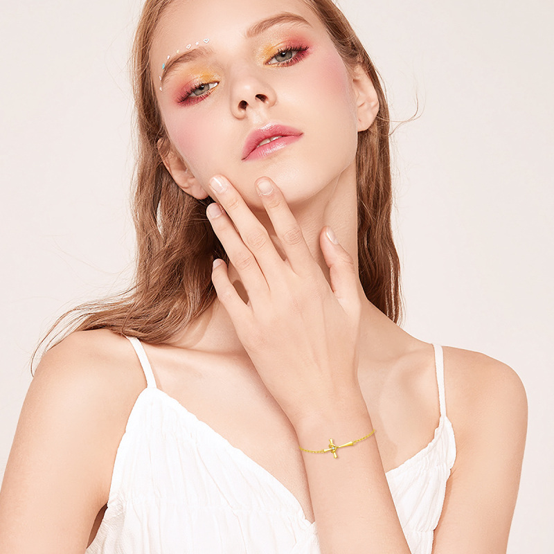 10K Gold Circular Shaped Cubic Zirconia Cross & Heart Charm Bracelet-2