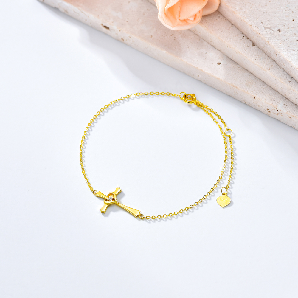 Pulsera de oro de 14 quilates con forma circular de circonita y colgante de corazón-3