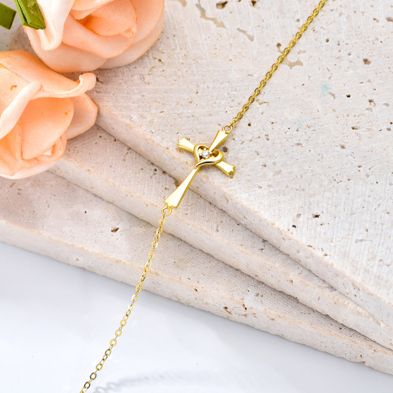 10K Gold Circular Shaped Cubic Zirconia Cross & Heart Charm Bracelet-4