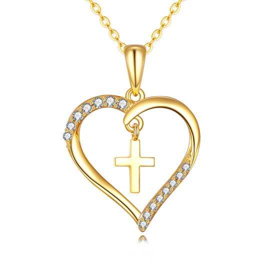 14K Gold kreisförmig Cubic Zirkonia Kreuz & Herz Anhänger Halskette