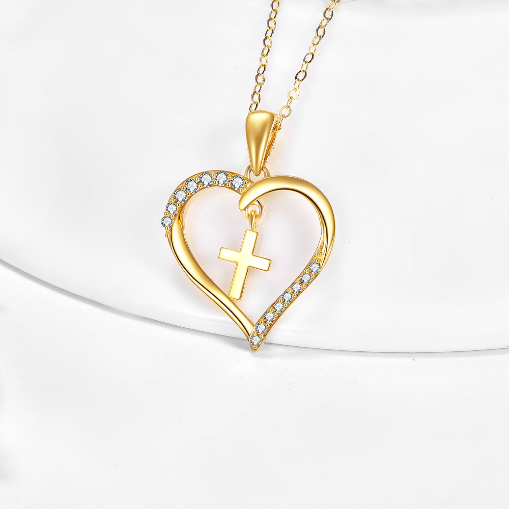 10K Gold Circular Shaped Cubic Zirconia Cross & Heart Pendant Necklace-3