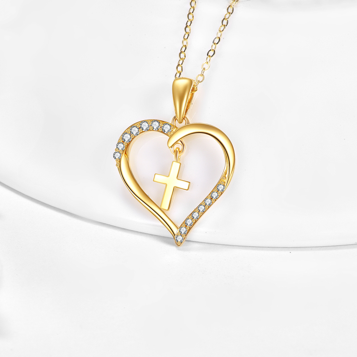 14K Gold kreisförmig Cubic Zirkonia Kreuz & Herz Anhänger Halskette-3