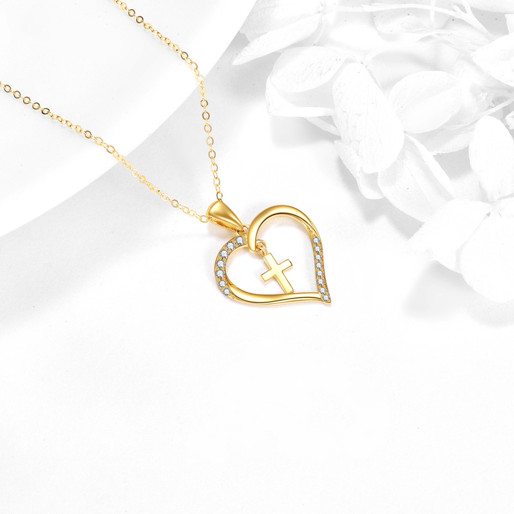 10K Gold Circular Shaped Cubic Zirconia Cross & Heart Pendant Necklace-4