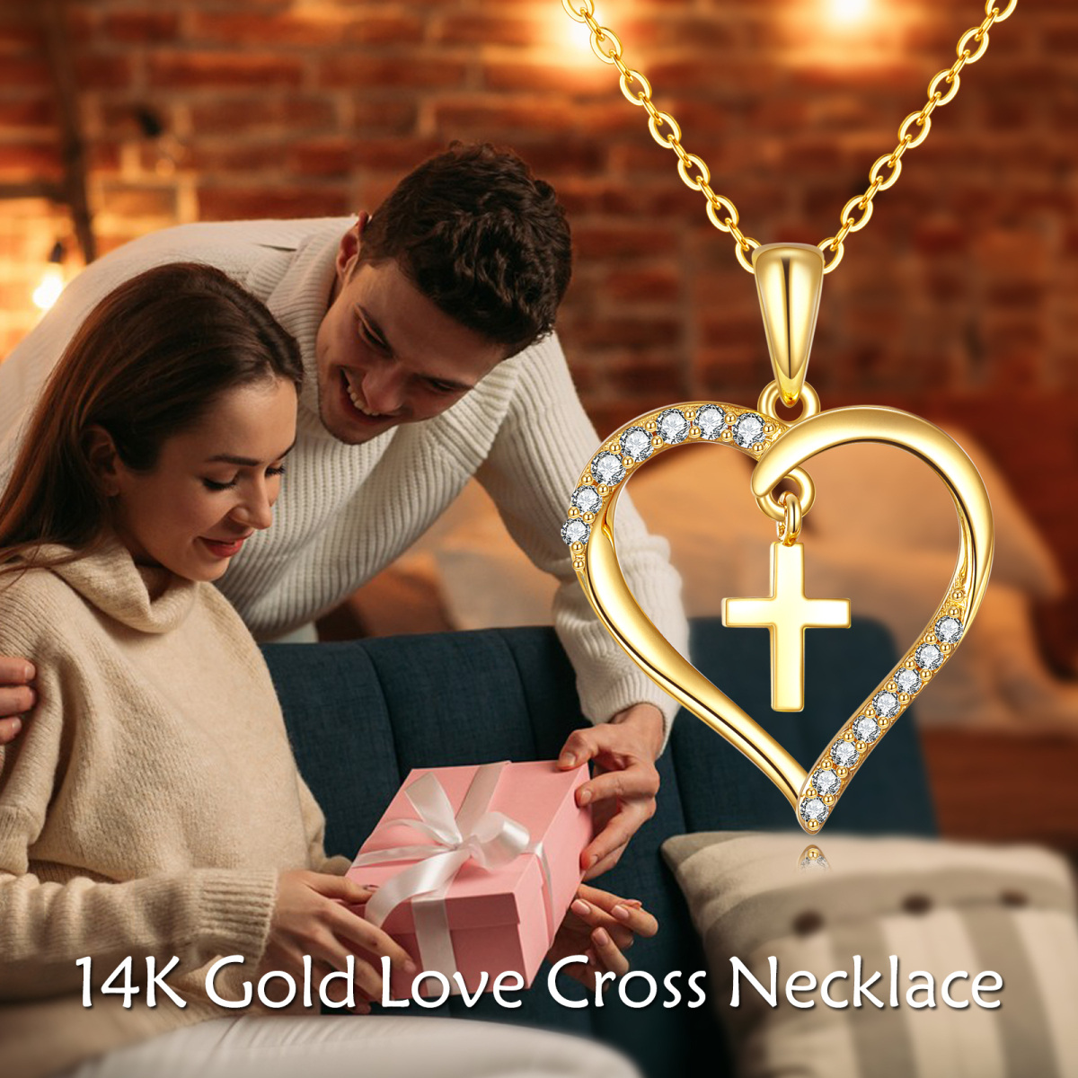 14K Gold kreisförmig Cubic Zirkonia Kreuz & Herz Anhänger Halskette-5