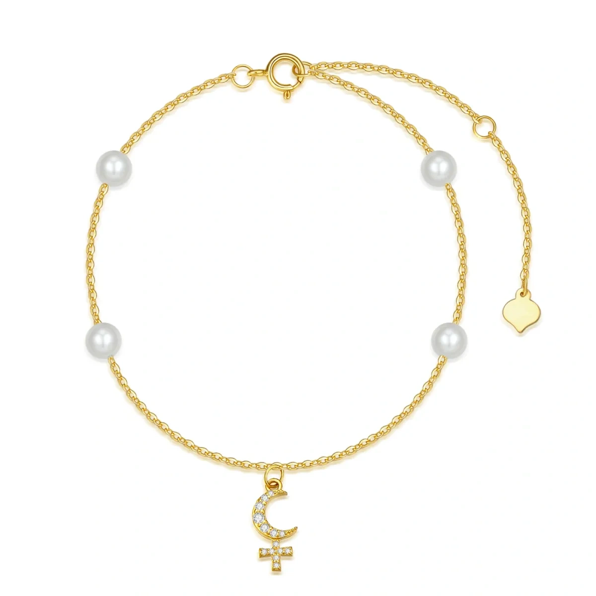 14K Gold Circular Shaped Cubic Zirconia Cross & Moon Charm Bracelet-1