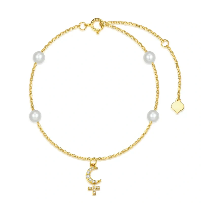 10K Gold Circular Shaped Cubic Zirconia Cross & Moon Charm Bracelet-20