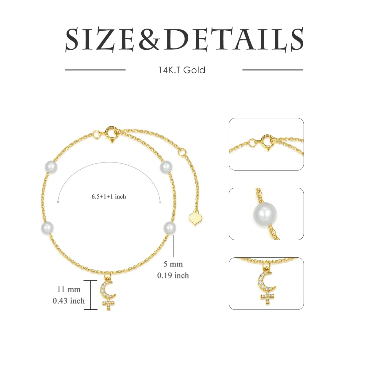 10K Gold Circular Shaped Cubic Zirconia Cross & Moon Charm Bracelet-5