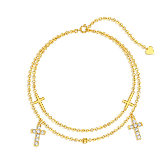 14K Gold Circular Shaped Cubic Zirconia Cross Multi-layered Anklet