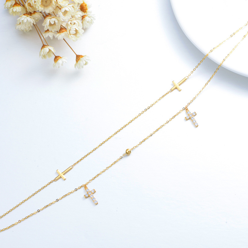 10K Gold Circular Shaped Cubic Zirconia Cross Multi-layered Anklet-3