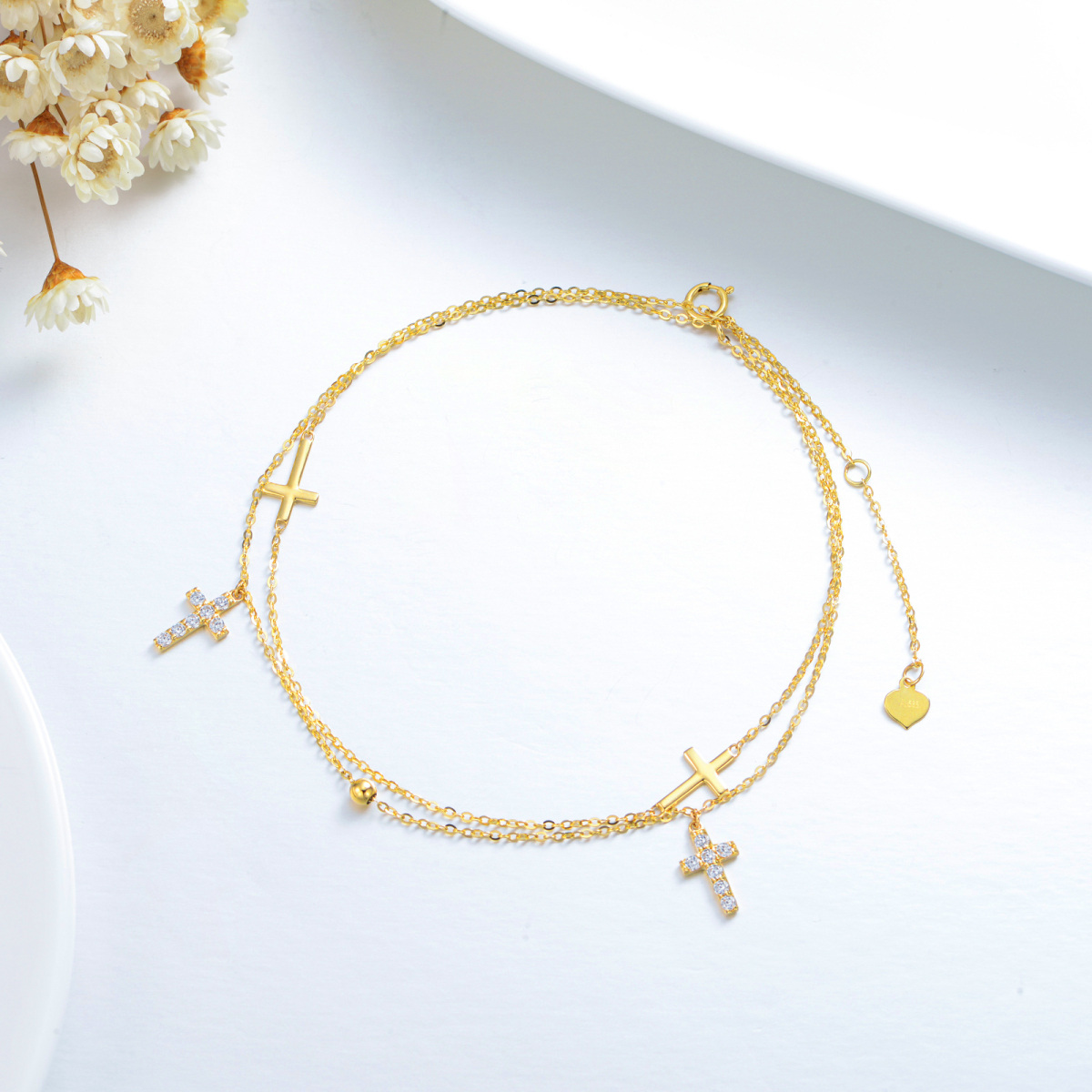 10K Gold Circular Shaped Cubic Zirconia Cross Multi-layered Anklet-4