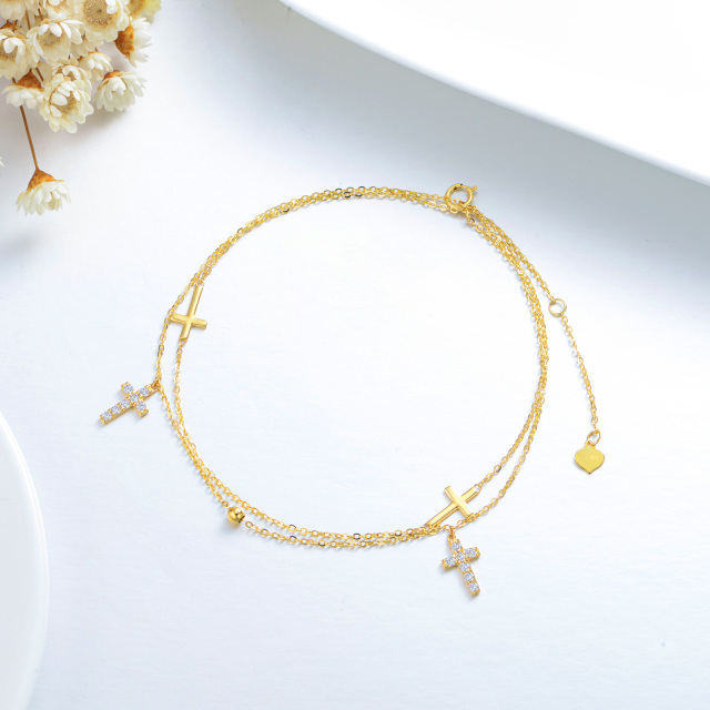 14K Gold Circular Shaped Cubic Zirconia Cross Multi-layered Anklet-4