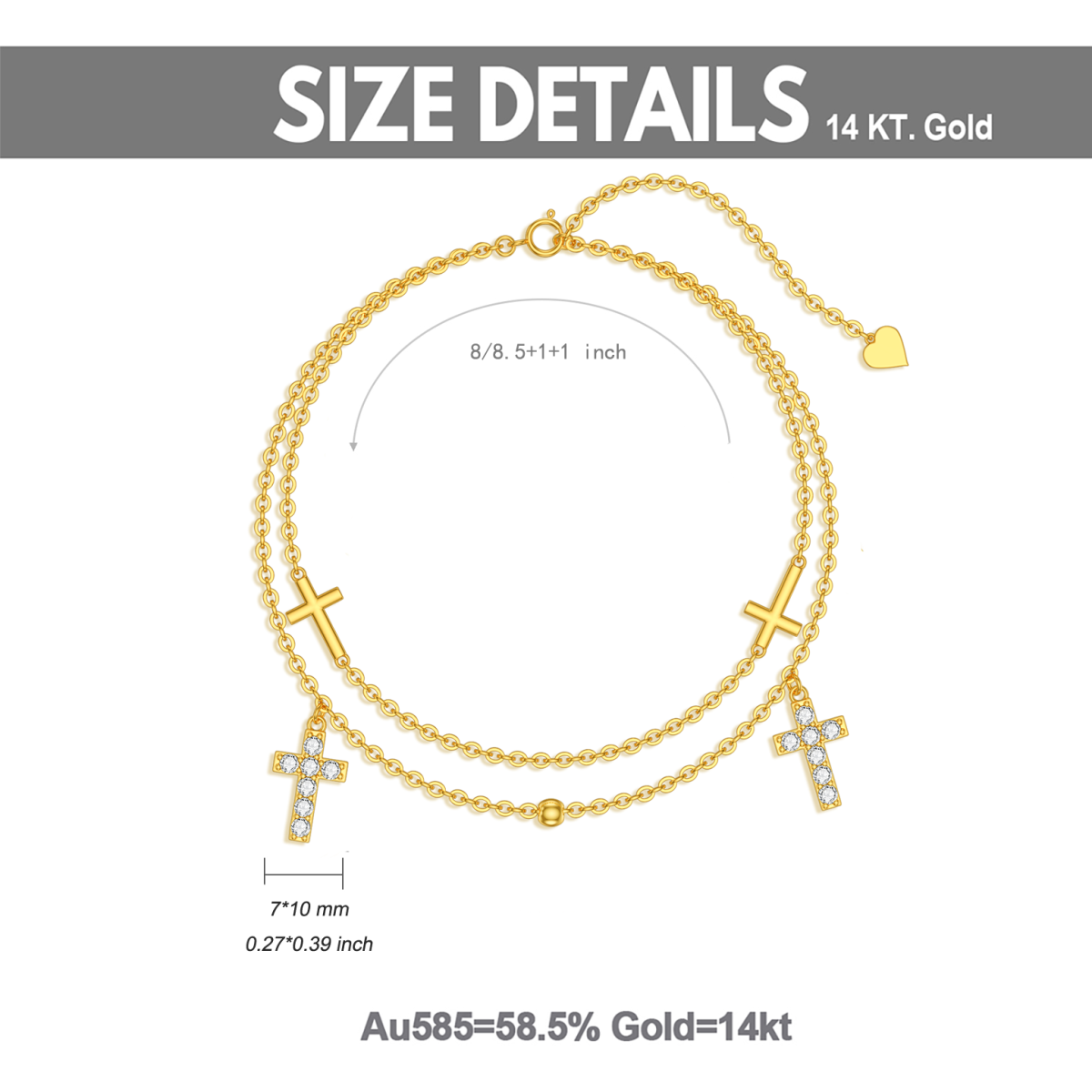 14K Gold Circular Shaped Cubic Zirconia Cross Multi-layered Anklet-5