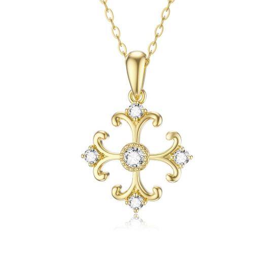 14K Gold Circular Shaped Cubic Zirconia Cross Pendant Necklace