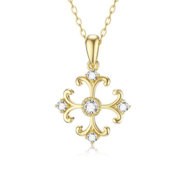 14K Gold Circular Shaped Cubic Zirconia Cross Pendant Necklace-1