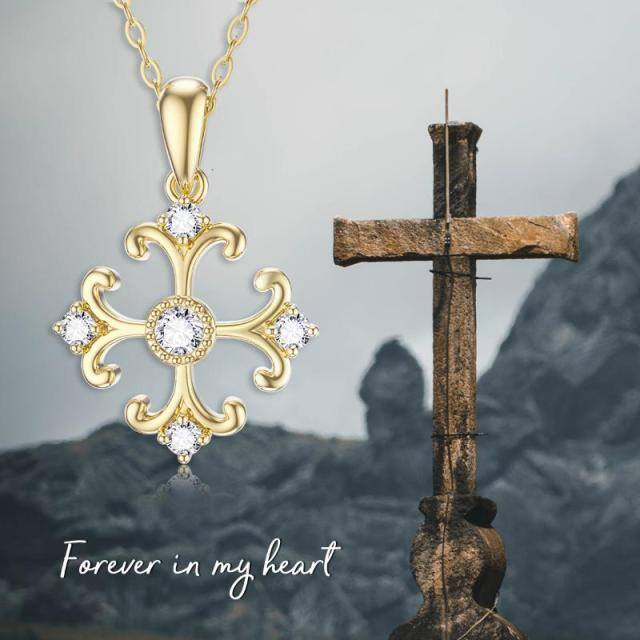 14K Gold Circular Shaped Cubic Zirconia Cross Pendant Necklace-5