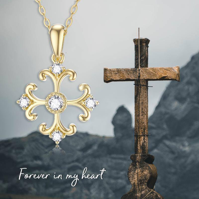 18K Gold Circular Shaped Cubic Zirconia Cross Pendant Necklace-5