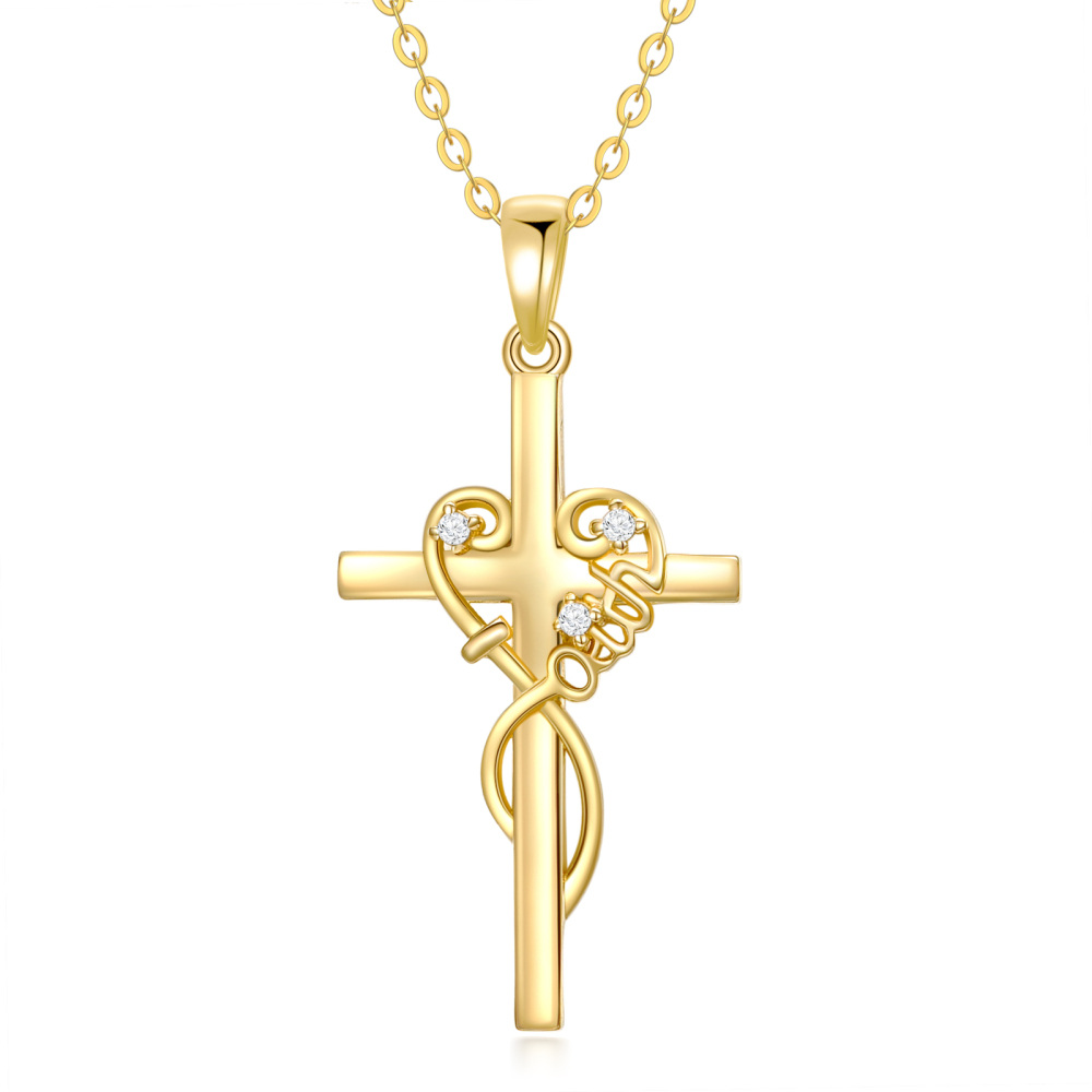 10K Gold Circular Shaped Cubic Zirconia Cross Pendant Necklace-1