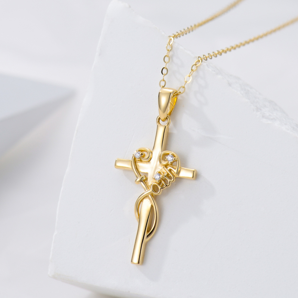 10K Gold Circular Shaped Cubic Zirconia Cross Pendant Necklace-3