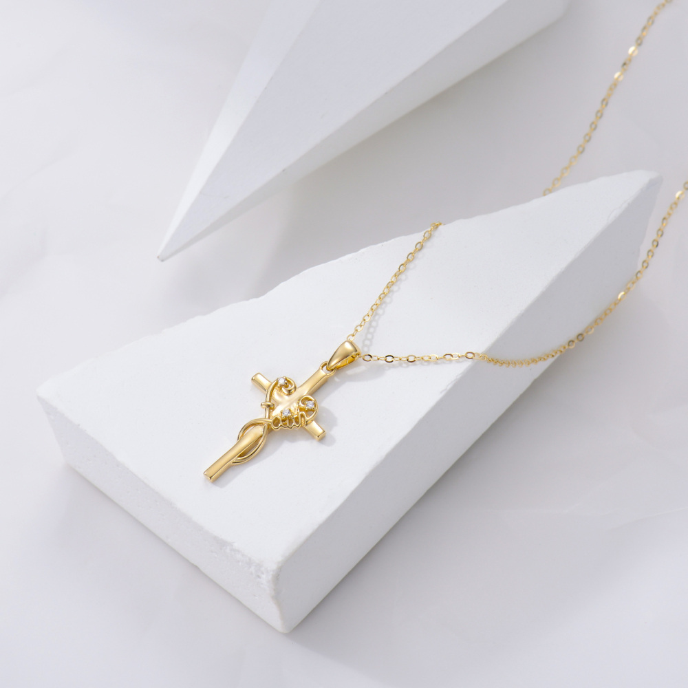 10K Gold Circular Shaped Cubic Zirconia Cross Pendant Necklace-4