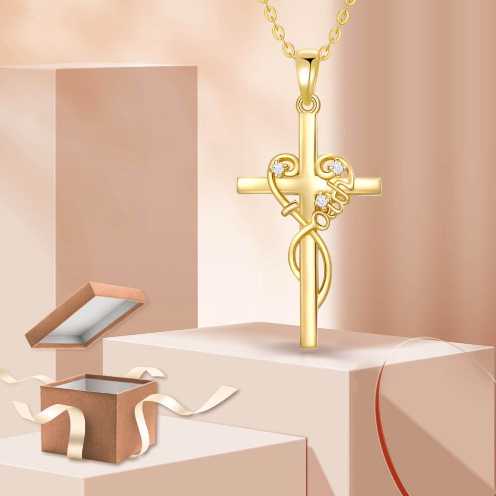 10K Gold Circular Shaped Cubic Zirconia Cross Pendant Necklace-6