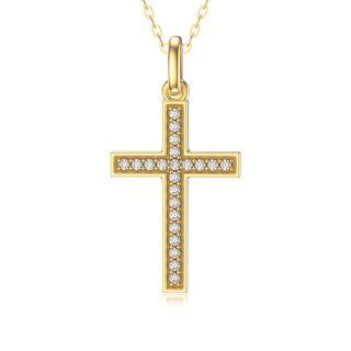 10K Gold Circular Shaped Cubic Zirconia Cross Pendant Necklace-35