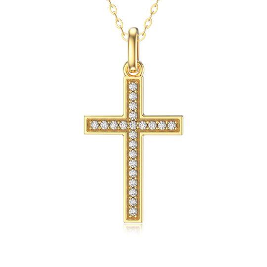 14K Gold Circular Shaped Cubic Zirconia Cross Pendant Necklace