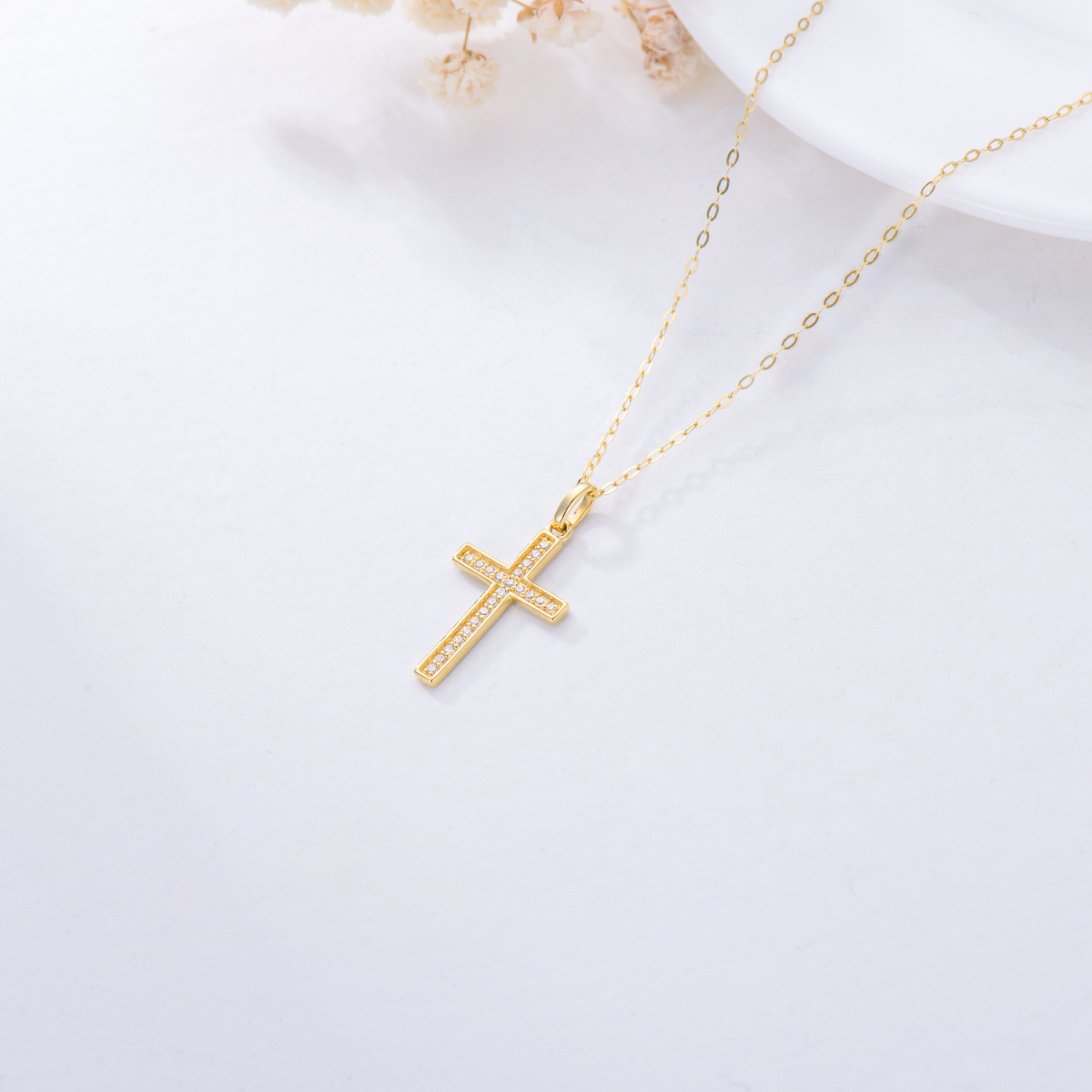 14K Gold kreisförmig Cubic Zirkonia Kreuz Anhänger Halskette-3