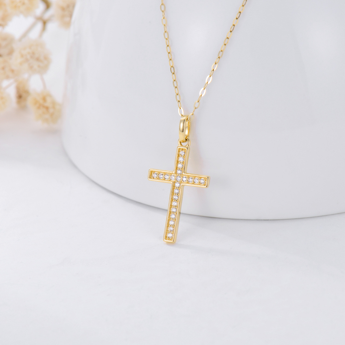 14K Gold kreisförmig Cubic Zirkonia Kreuz Anhänger Halskette-4