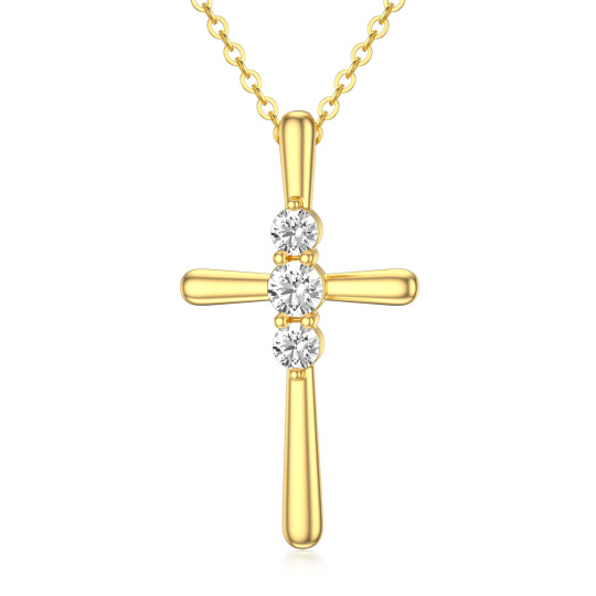 14K Gold Circular Shaped Cubic Zirconia Cross Pendant Necklace