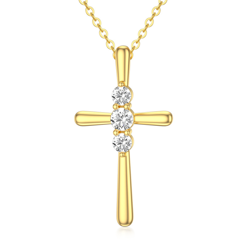 18K Gold Circular Shaped Cubic Zirconia Cross Pendant Necklace-1