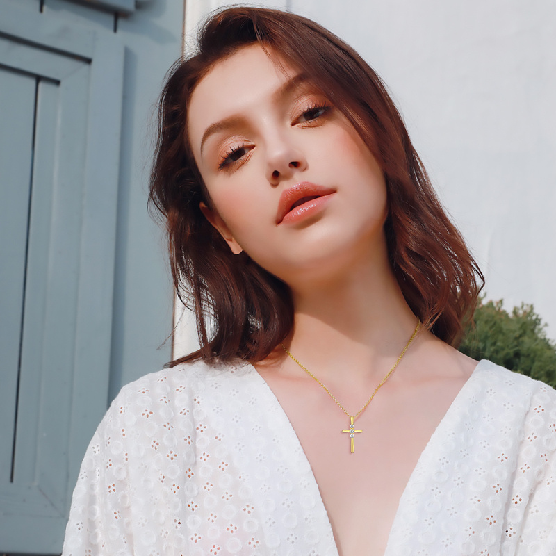 Platinum with White Gold Plated Round Cut Cubic Zirconia Cross Pendant Necklace-2