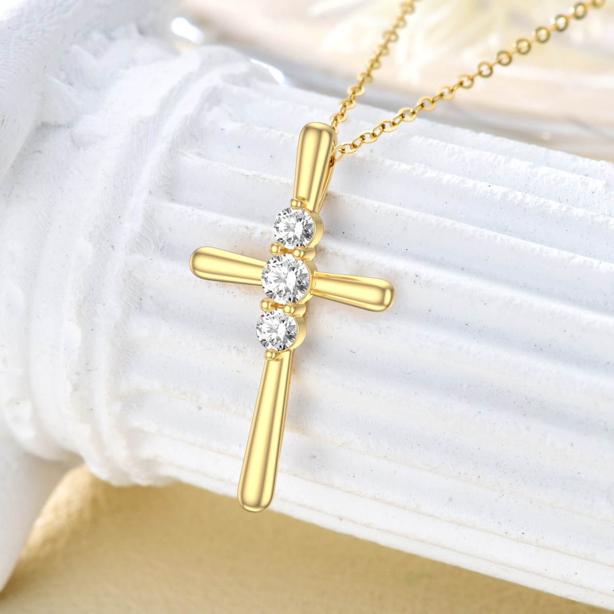 14K Gold Circular Shaped Cubic Zirconia Cross Pendant Necklace-3