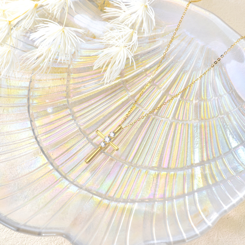 Platinum with White Gold Plated Round Cut Cubic Zirconia Cross Pendant Necklace-4