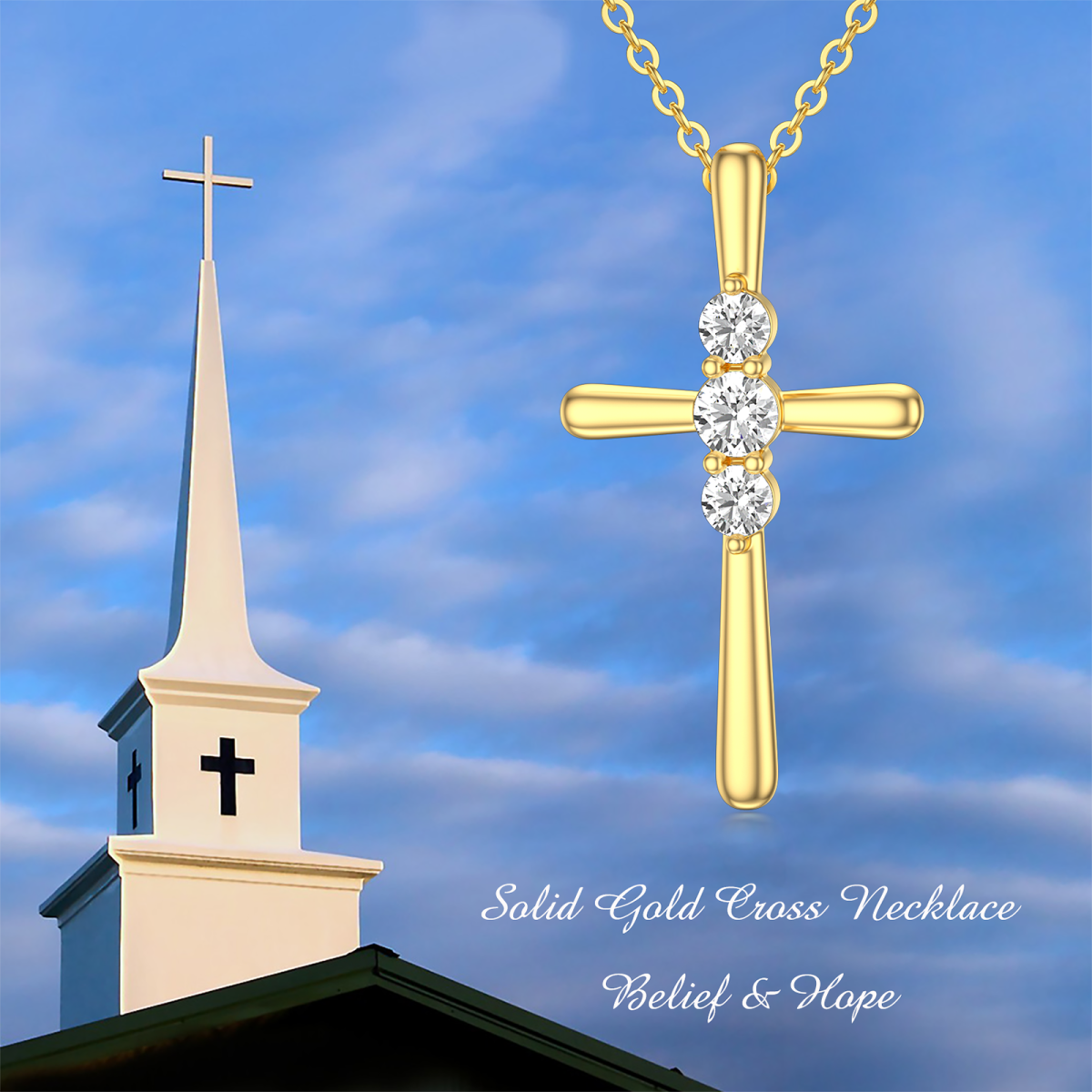 14K Gold Circular Shaped Cubic Zirconia Cross Pendant Necklace-5