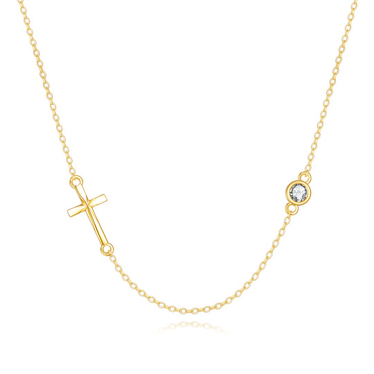 14K Gold Circular Shaped Cubic Zirconia Cross Pendant Necklace