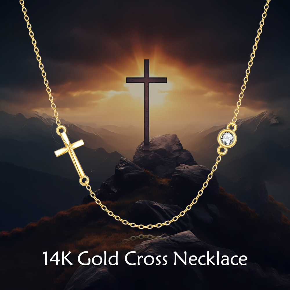 10K Gold Circular Shaped Cubic Zirconia Cross Pendant Necklace-6