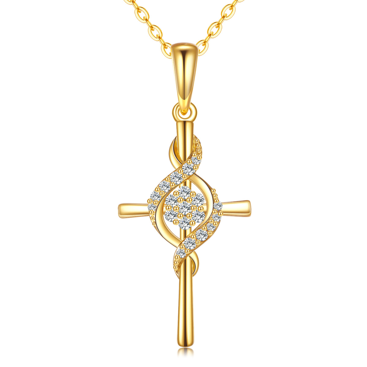 10K Gold Circular Shaped Cubic Zirconia Cross Pendant Necklace-1